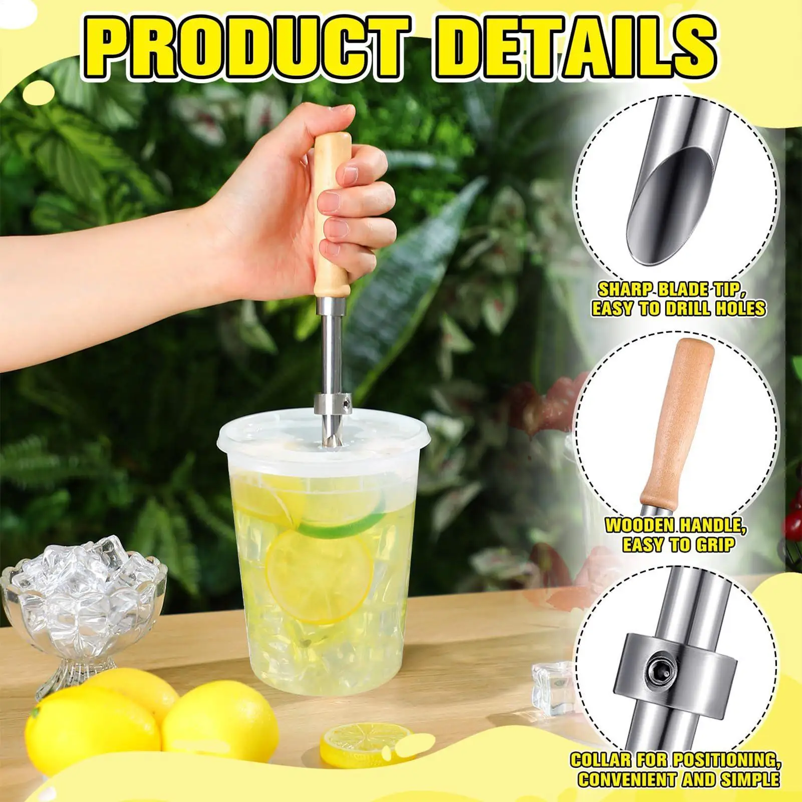 Lemon & Straw Hole Puncher Kit - Stainless Steel With Wood Handle & Cleaning Brush, For Cafe & Home Drinks
