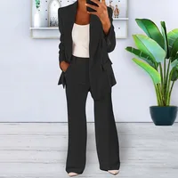 Women’s Sets Two 2 Pieces Sale Casual Pocket Single Button Blazer Jackets& High Elastic Waist OL Workwear Wide Leg Pant Suits