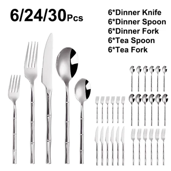 6/24/30 pz posate in nastro in acciaio inox 304 stoviglie specchio occidentale cena Set manico a forma di bambù coltello forchetta cucchiaio Sliverwar 1