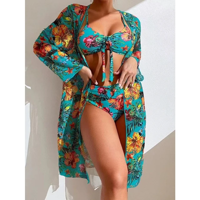 Bikini imprimé sexy 3 pièces pour femme, maillot de bain taille haute,  cover-up, vêtements de plage, été, 2024 - AliExpress