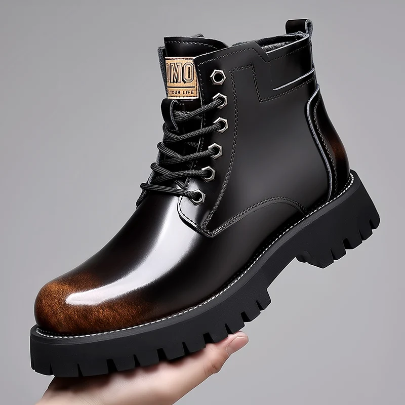 High end Shiny Genuine Leather Men's Boots Winter Platform Ankle Boots Men High-top Motorcycle Boots Fashion Flat Designer Shoes