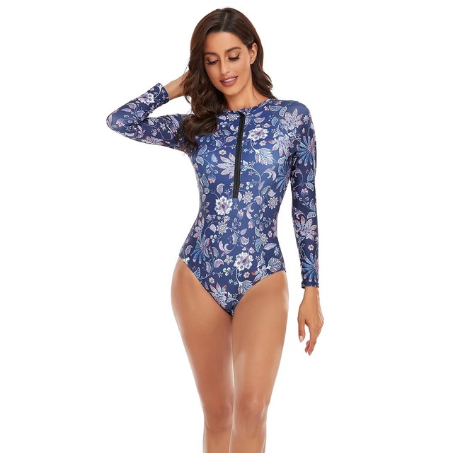 New Long Sleeve Printed One Piece Swimsuit Women Surfing Suit Wetsuit Fashion Bathing Swimming Suits Zipper Swimwear Woman - 111purple flower, XL