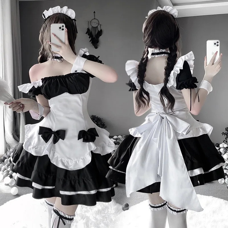 

Women Off Shoulder Maid Dress with Big Bow, Anime Maid Cosplay Costumes Sexy Babydoll Dress Adult Role Play Kawaii Maid Uniform