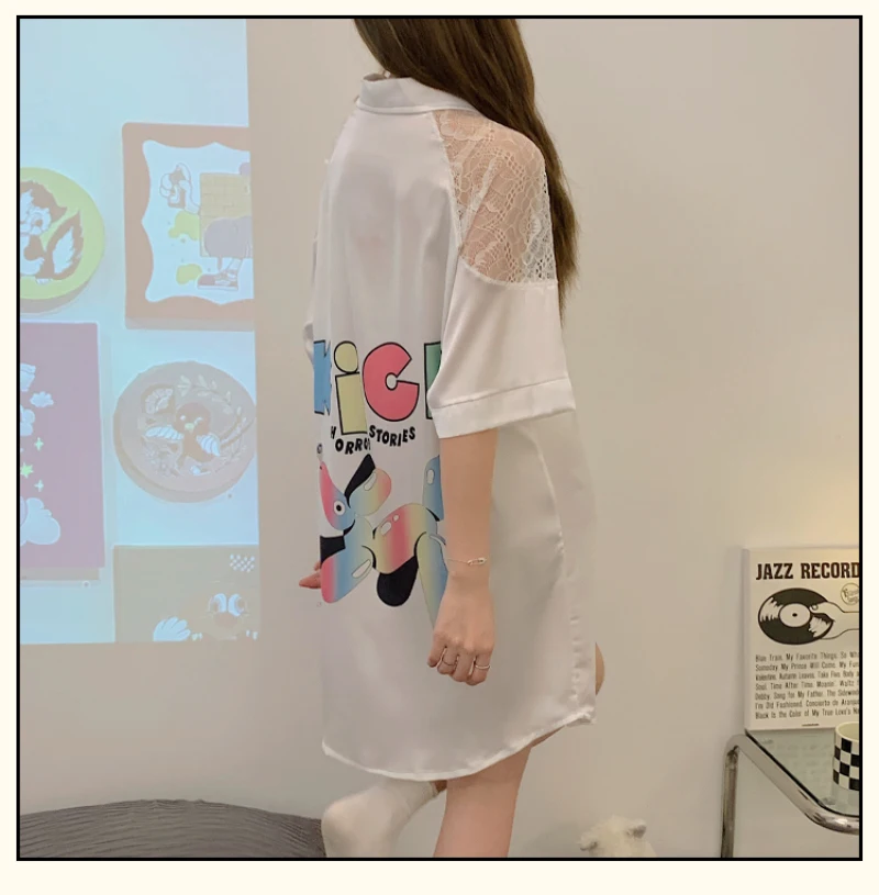 Casual Women Soft Satin Sleepwear Nightgown Loose Body Silk Nightwear Lace Patchwork Nightdress Wild Sleepshirt New Nighties