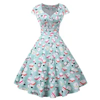 Fashion V-neck Short Sleeve Printed Christmas Dress Large Swing Vintage Elegant Xmas Party Dress - Image 6