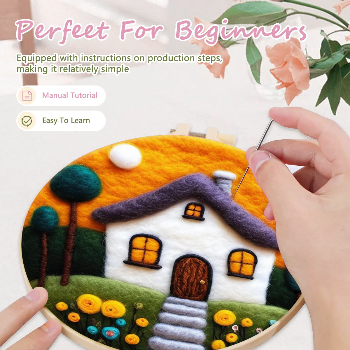 RUOPOTY 1 Pack House Pattern Needle Felt Starter Set Wool Felting Painting Kit With Embroidery Kit Funny Diy Felt Needle Wool