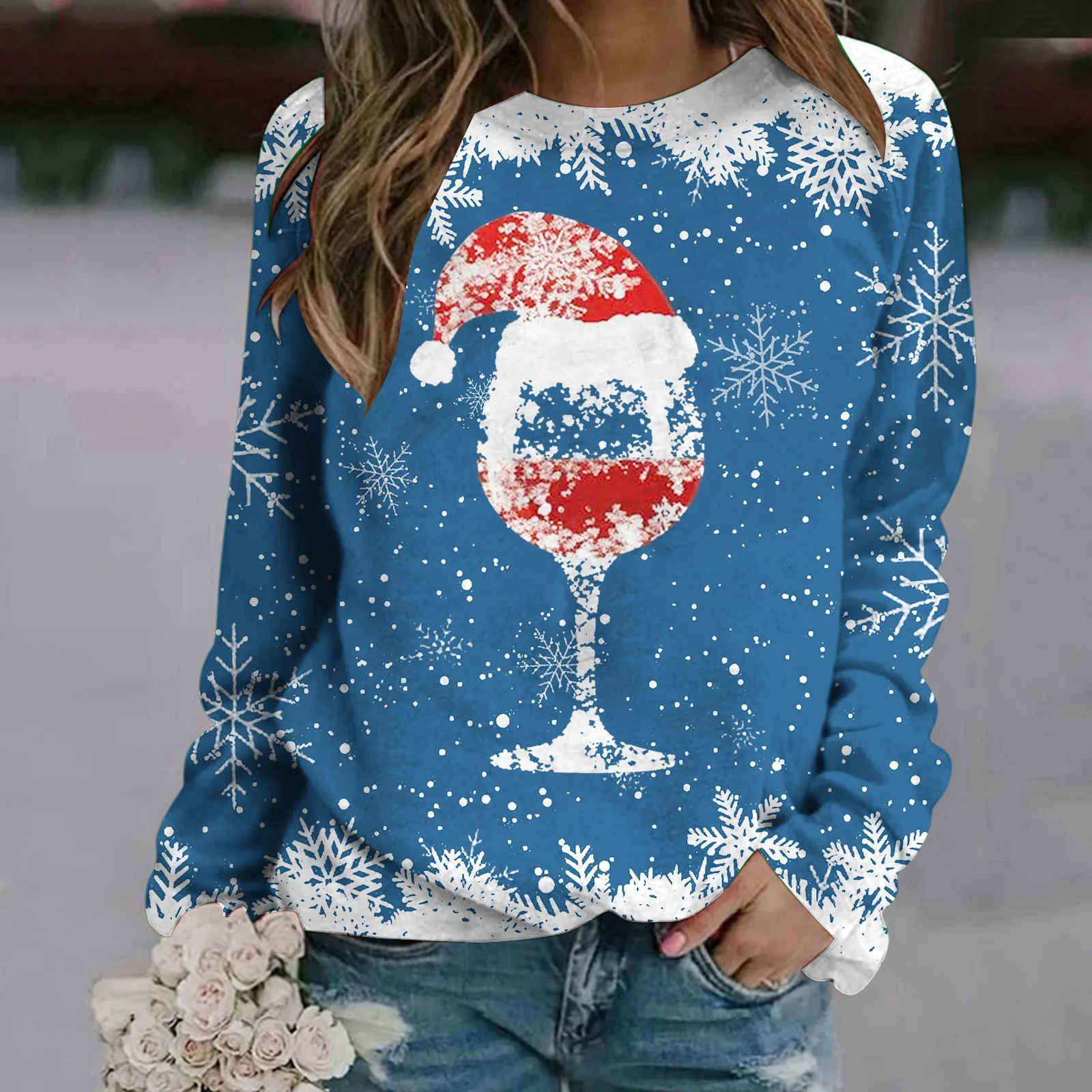

Womens Autumn And Winter Fashion Christmas Wine Cup Print Long Sleeve Round Neck Casual Hatless Sweatshirt Cool Hoodies Women
