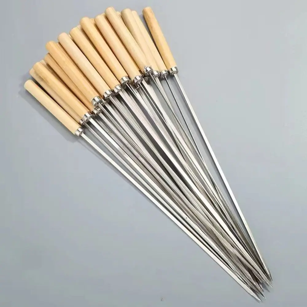 Description Picture 5 of item10pcs/set Wooden Handle Flat Barbecue Skewers Anti-scald Anti-slip Stainless Steel Barbecue Stick 35cm Reusable