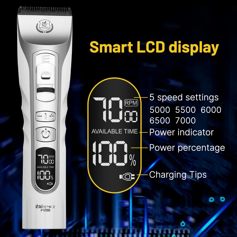 Fenice Professional Dog Grooming Machine Low-noise Clipper 5000mA Capacity Cordless LCD Screen Electronic Rechargeable Shaver