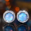 Cute Female Crystal White Blue Opal Round Stone Stud Earrings Silver Color Wedding Jewelry For Women