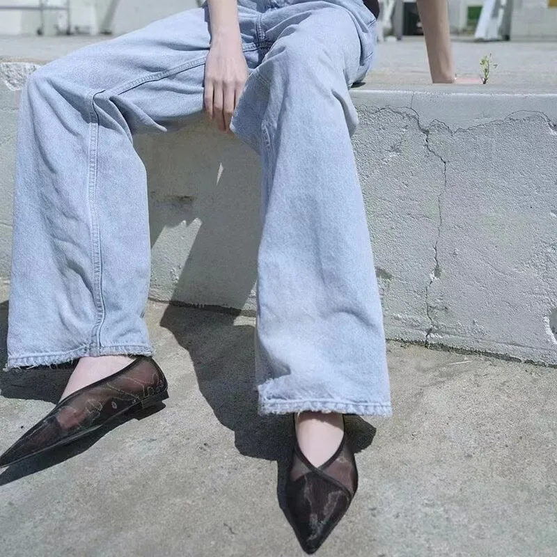 Mesh Hollow Fashionable Shallow Mouth Women's Singles, European and American Pointed Toe Footwear, Large Size Casual Flat Shoes