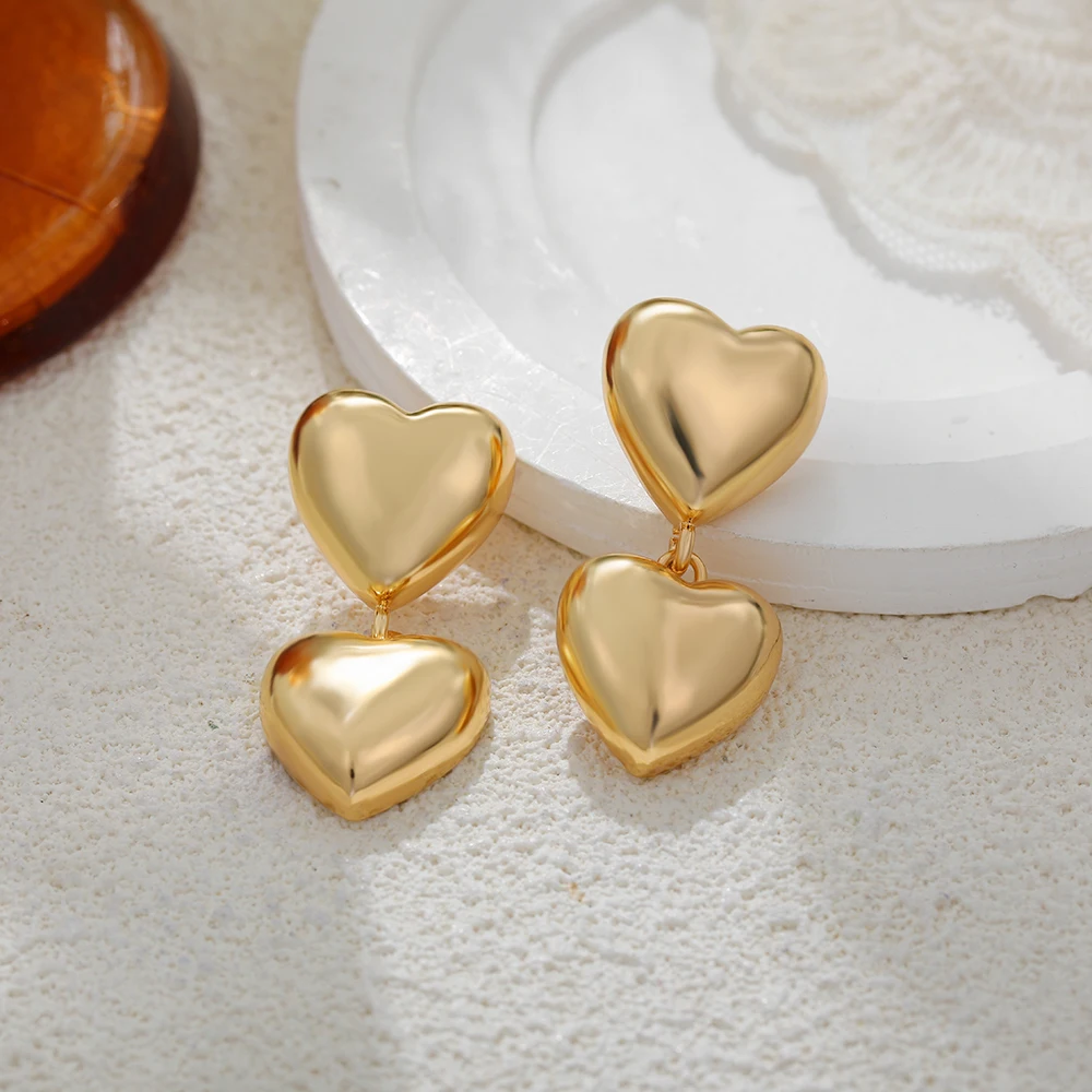 New PVD Stainless Steel Chunky Double Heart Dangle Earrings Classic Versatile Waterproof Hammered Earring Stylish Jewelry Bijoux