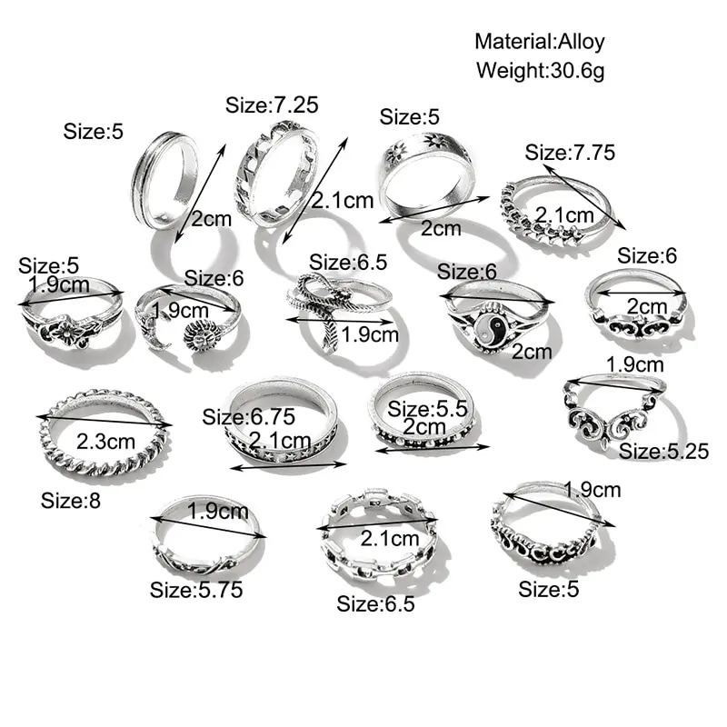 Ring Set Chain Ring Finger Ring 16Pcs Fashion Punk Gothic Butterfly Snake Chain Ring Set Women Trend Style Temperament Personality Jewelry