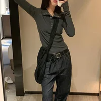 Y2K High Street Women Sweaters 2025 New Gray White Button Up Bottoming Pullover Woman Slim Fit Long Sleeve Knitted T-Shirt - Image 3