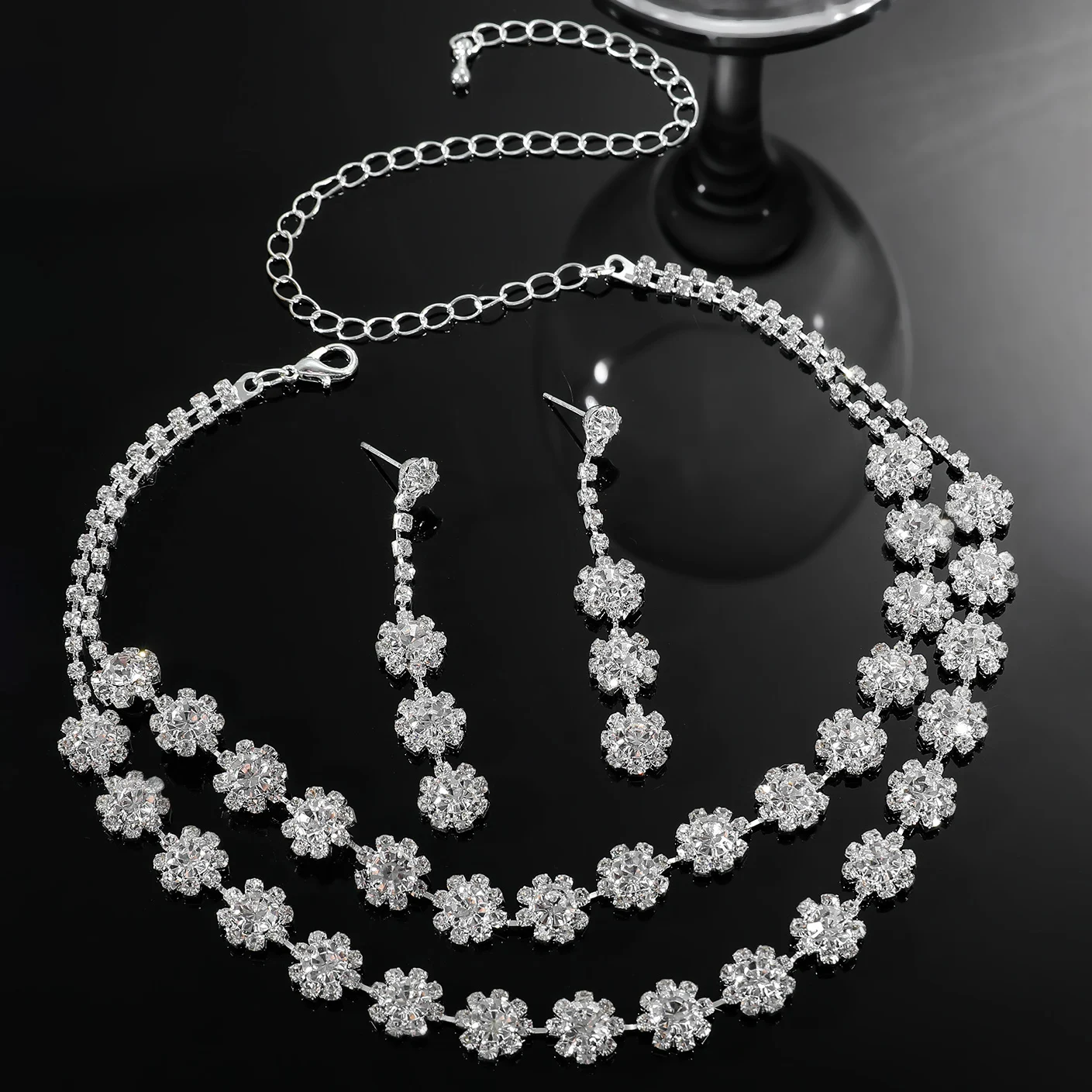 JWICOS Bridal Necklace & Earrings Set – Silver Rhinestone Choker, Crystal Wedding Jewelry For Women - View #10
