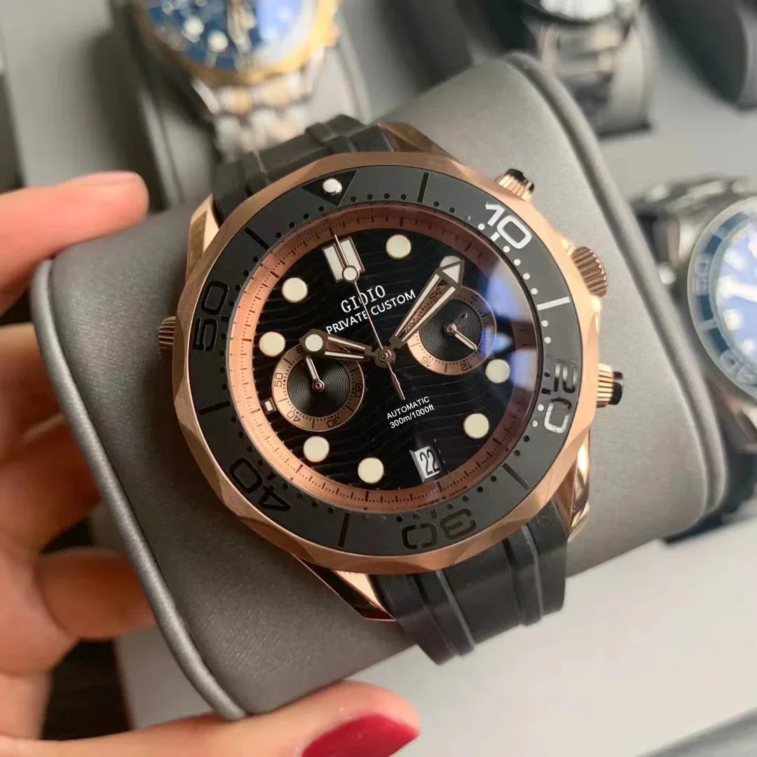 

Luxury Mens Quartz Chronograph Watch Black Rubber Ceramic Stainless Steel Luminous Limited Rose Gold Sport