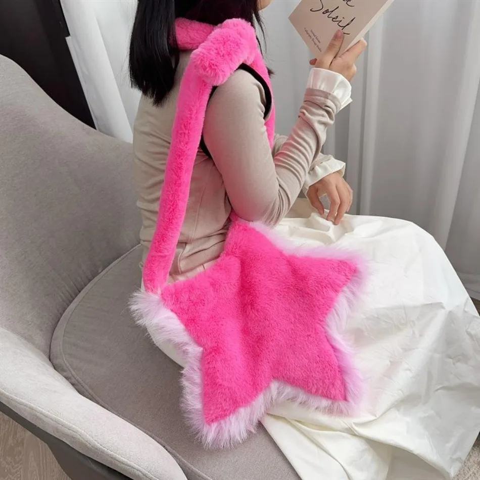 Lovely 1 Pcs New Plush Bag Five-pointed Star Fur Wool Shoulder Bag Women Autumn And Winter Girl Ins Design Casual Messenger Bag