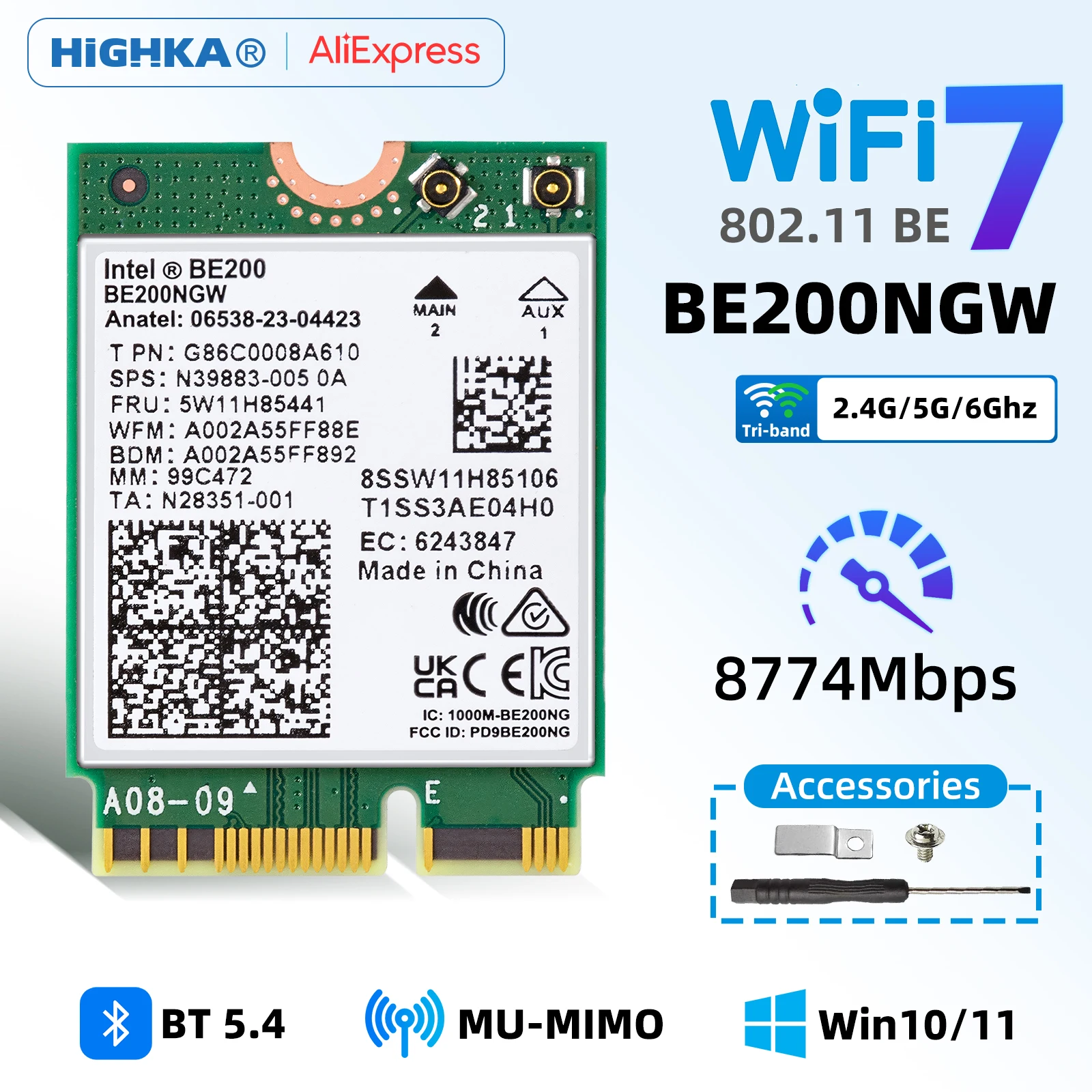 Wifi 7 Intel Be200 Ngw Wifi Card Bluetooth 5.4 Tri-Band 2.4Ghz/5Ghz/6Ghz Modulo Wi-Fi Per Laptop M.2 Ngff Windows 10/11 (64 Bit)