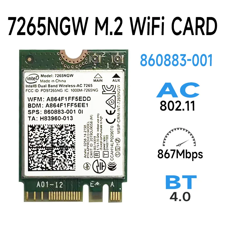 Dual Band Wireless-ac 7265 7256ngw 802.11ac 867mbps Wi-fi + Bluetooth 4.0 Ngff Wlan Wifi Card Intel 7265 - Network Cards -