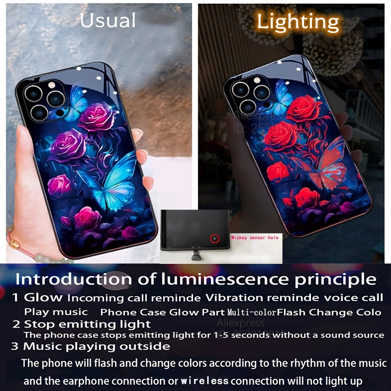 Blue Purple Rose Butterfly Voice Controlled Luminous LED Phone Case