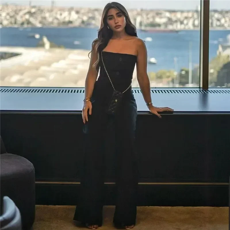 2024 Black Wide Leg Jumpsuit For Women Off Shoulder Long Jumpsuits Woman Backless Sleeveless Elegant Womens Overalls
