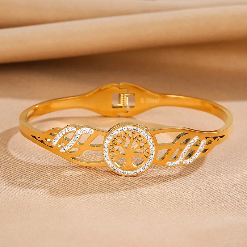 316L Stainless Steel Hollow Celtic Knot Tree of Life Cuff Bracelet Micro Embedded Zircon Spring Bangle for Women Vintage Jewelry 3