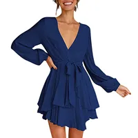 Ladies’ High Waist Irregular Skirt Hem Sexy Solid Color Commute Long Sleeve Deep V-neck Casual Elegant Fashion Mini Dress - Image 2