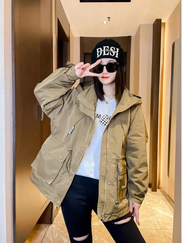 

2023 Autumn Ladies Trench Coat New Style Baggy Long Sleeve Hoodie Casual Multi-purpose Fashion Coat