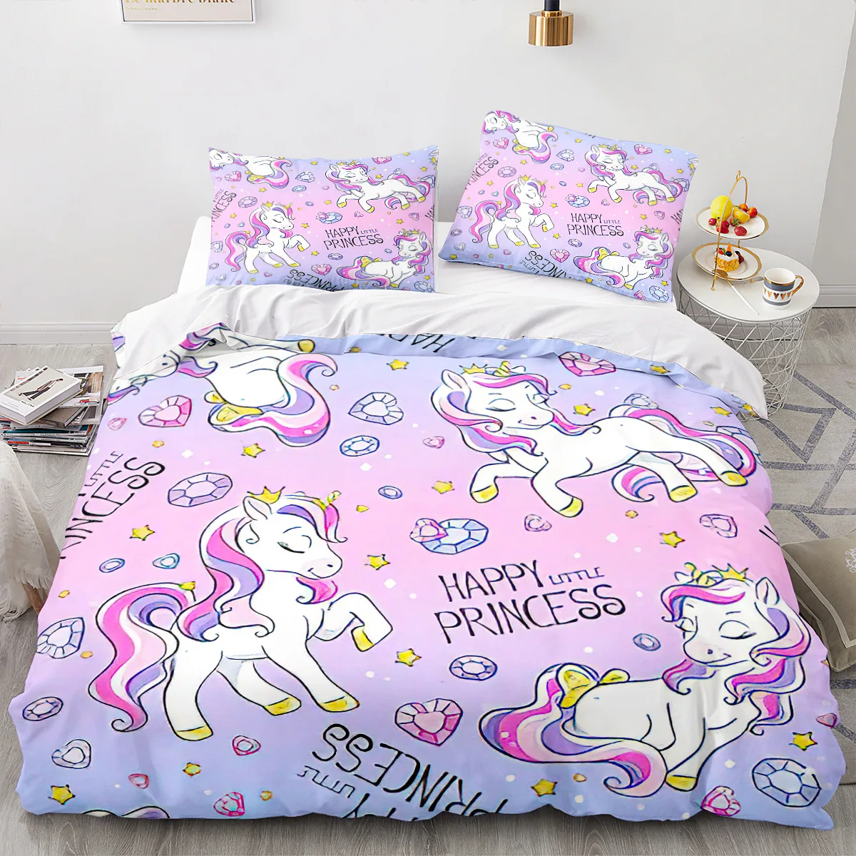Set Copripiumino Unicorno Viola Per Bambini – 100% Cotone, Reversibile, Con Lenzuolo E Federa, Letto Singolo