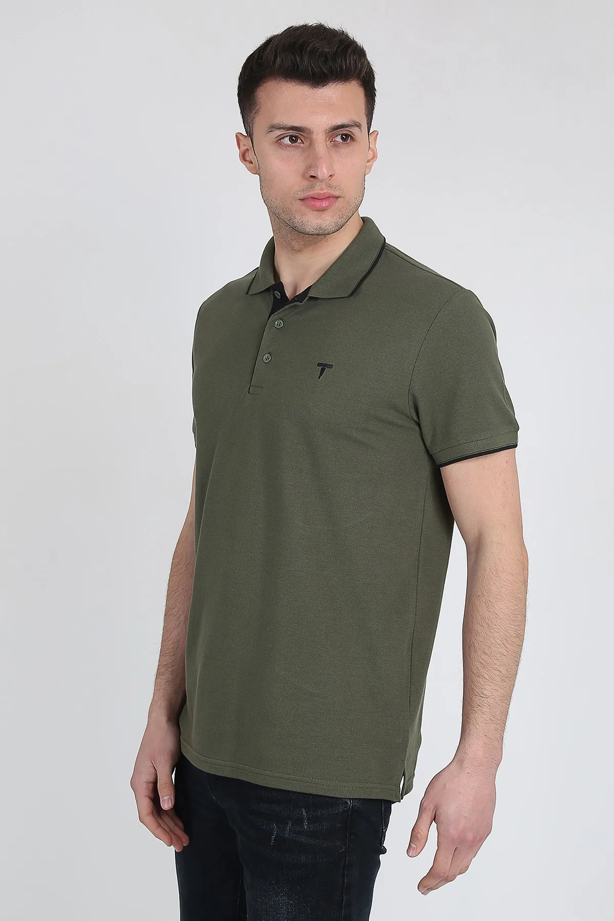 

Men's Double Color Detailed Polo Collar Basic T-Shirt 21Y-3400749-1 Haki