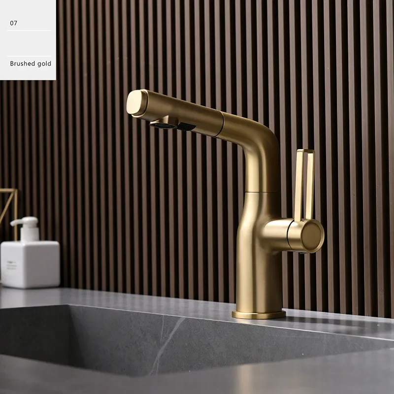 Brush Gold Bathroom Faucet Gray Pull Out Basin Cold And Hot Water Mixer Sink Tap Single Handle Deck Mounted