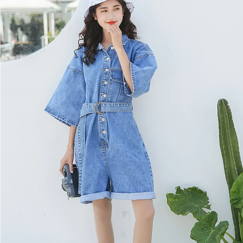 

New Fashion Women Denim Playsuits Female Loose Overalls 2023 Spring Summer Jeans Shorts Slim Sashes Casual Light Blue