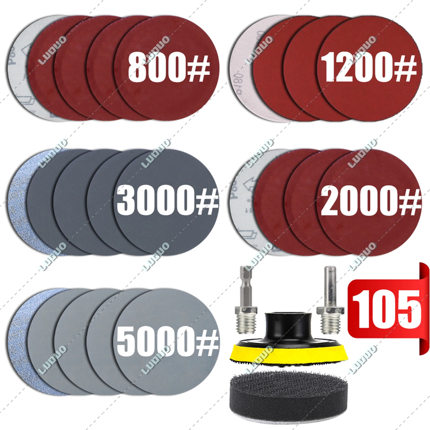Sand Paper Sanding Discs Round Flocking Sandpaper Sanding Grinder Polishing 3 Inch 800 1200 1500 2000 3000 5000 Grits 105PCS
