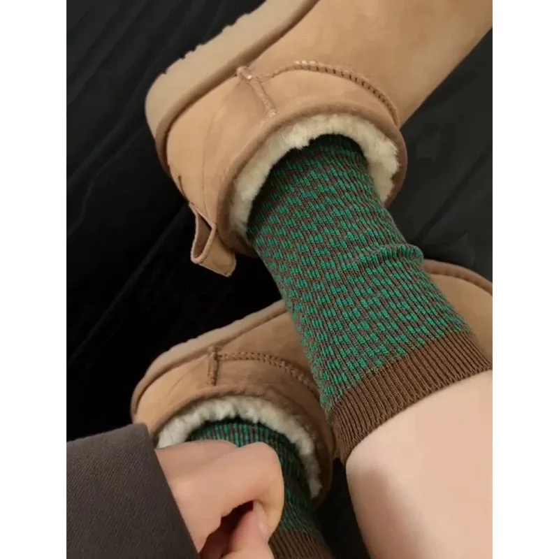 1 Paar Damen Vintage Geometrische Socken, Mittellange Socken, Doppelnadel-Doppelpfad-Design, Modische Baumwollsocken – Detail 9