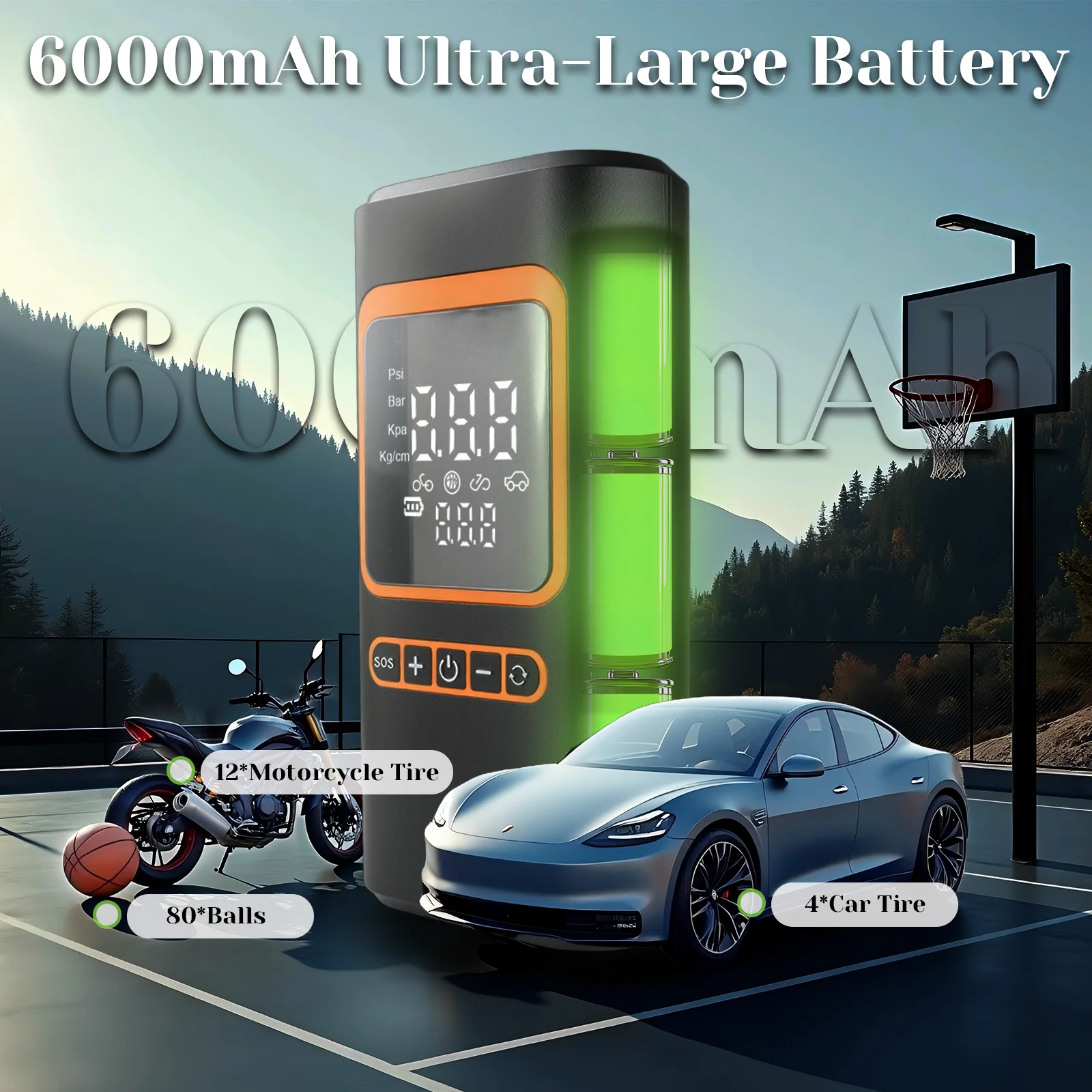 2-in-1 Air Pump & Car Jump Starter, 6000mAh Battery, 600A Peak Current, for Cars/Motorcycles/Bikes/Balls