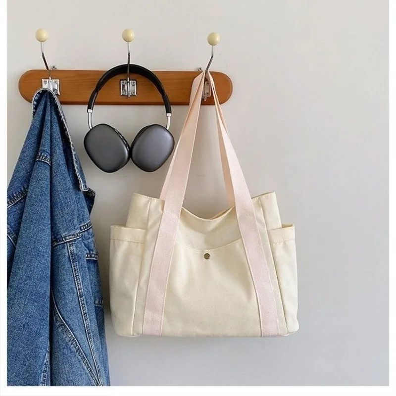 Canvas Tote Bag For Women Large Capacity College Style Student Outfit Book Shopping Travel Casual Shoulder Bag with Pockets