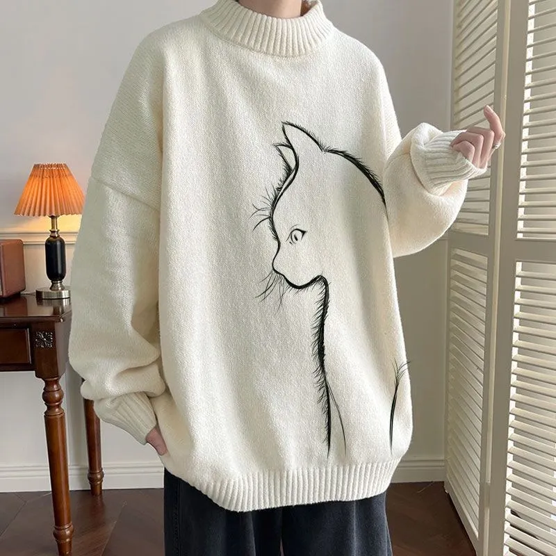 

Милый свитер в стиле Харадзюку с принтом кошки, очень большой пуловер, повседневная одежда унисекс на осень/зиму 2023, модная уличная одежда Baita для мужчин