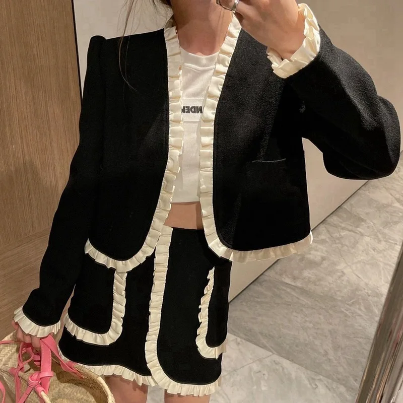 

Women's Suit 2 Pieces, Ruffle Contrasting Color Jacket + Skirt, Korean Style Mini Skirt Suit, Short Suit Jacket, New Women Suit