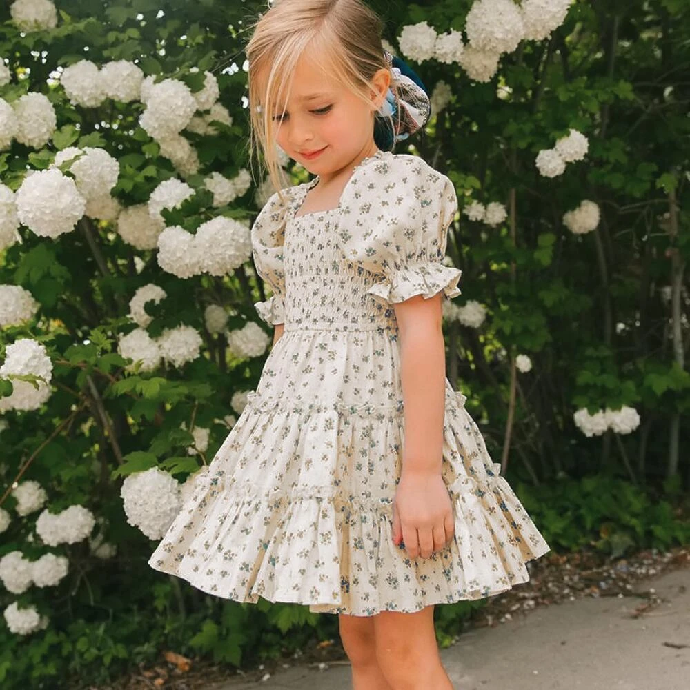2022 New Floral Summer Dress For Girls Flower Puff Sleeve French Style Dresses For Children Kids Cotton Blend Dresses For Girls