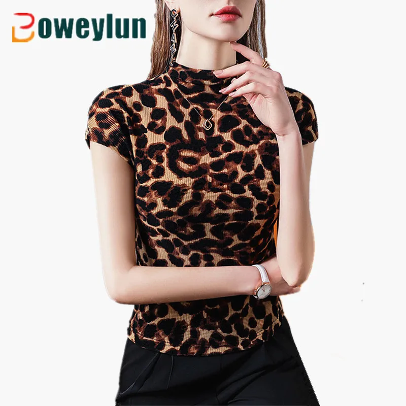 

Boweylun New Leopard Print Small Standing Neck T-Shirt Women Comfortable Breathable Wrap Sleeve Slim Short Sleeve Summer Female