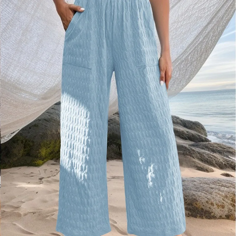 Spring and Autumn Women's Solid Color Elastic Patch Pocket Mid Waist Long Loose Fit Straight Sleeve Fashion Elegant Pants
