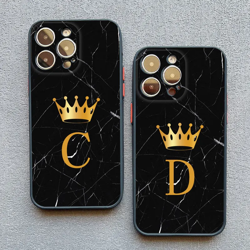 Crown Letter A To Z Phone Case For Iphone 13 14 15 Pro Max 11 12 8 7 Plus SE2020 X XR XS Marble Pattern Black Shockproof Cover