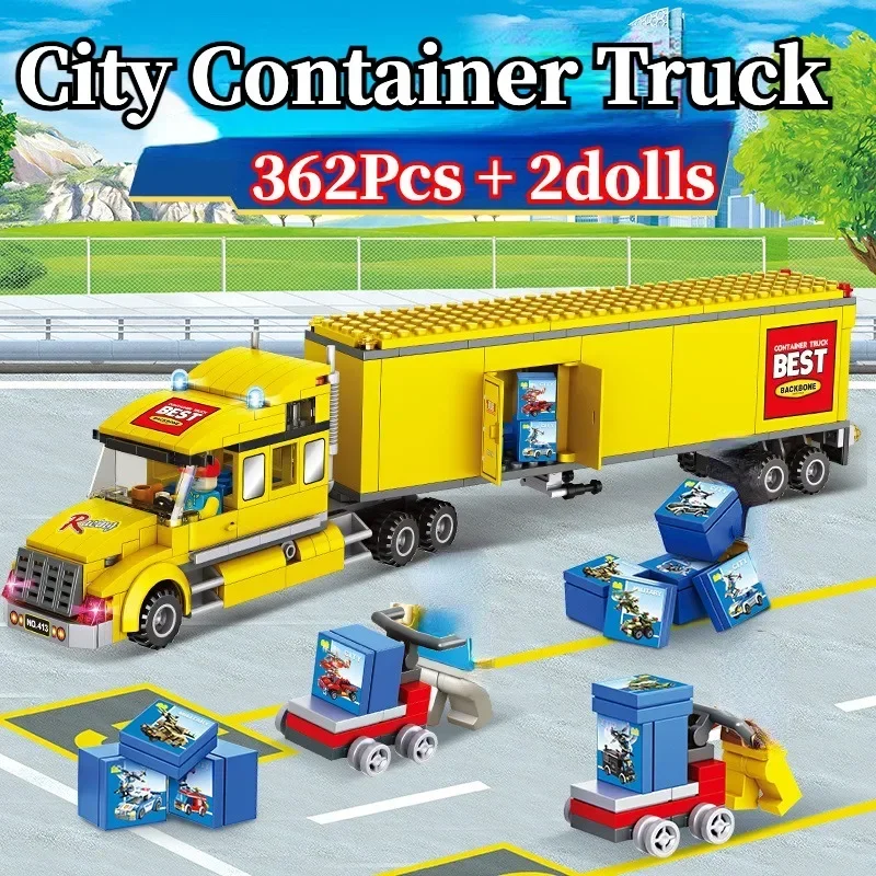 City Technical Yellow Delivery Transport Truck ‌ Bausteine Grün Blau Bus Station Modell Spielzeug für Kinder Urlaub Geschenke