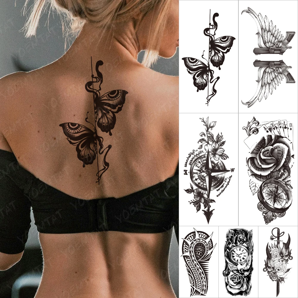 

Waterproof Temporary Tattoo Sticker Old School Moth Butterfly Compass Flowers Wing Women Men Arm Body Art Fake Sleeve Tattoos