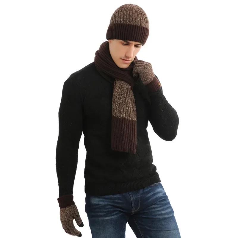 Fashion Trend Scarf Hat Glove for Men and Women Winter Luxury Knitted Thickened Warm Three Piece Set Clothing Accessories Gifts