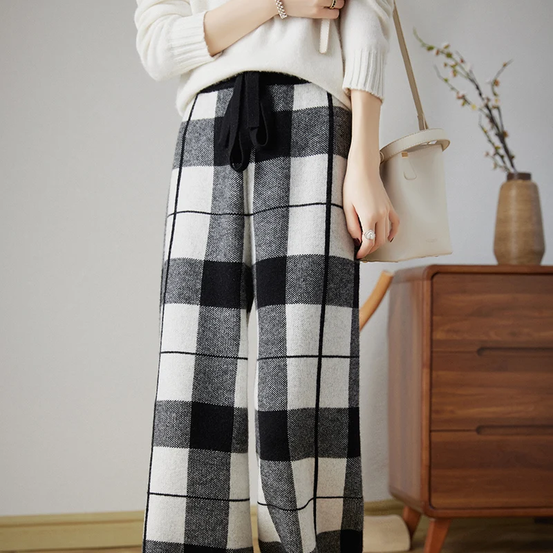 

Autumn and Winter New Pure Cashmere Wide Leg Pants for Women's Outwear High Waist Colored Large Plaid Loose Knitted Wool Pants