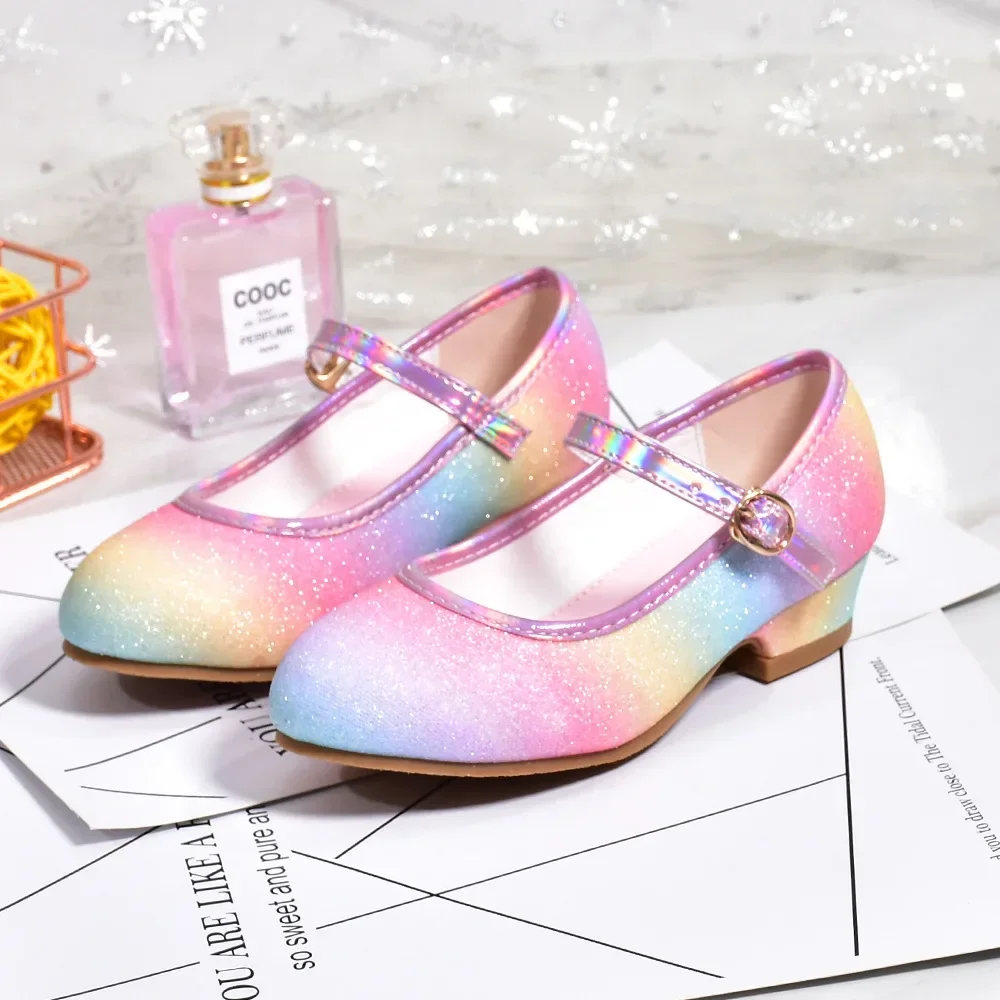 Princess Shoes for Girls Spring Autumn Glitter Fashion Kids Dress Leather Shoe Rainbow Sequins Children Party Wedding High Heels 2