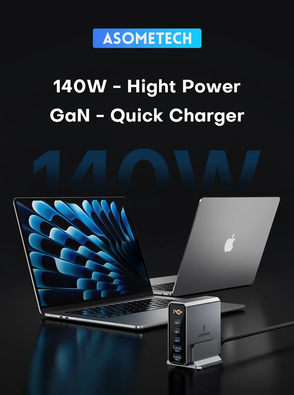 Asome Tech 140W Gan USB Tip C Încărcător rapid Porturi multiple QC 4,0 PD Încărcător rapid pentru Macbook Laptop Tabletă iPhone 14 Samsung S23