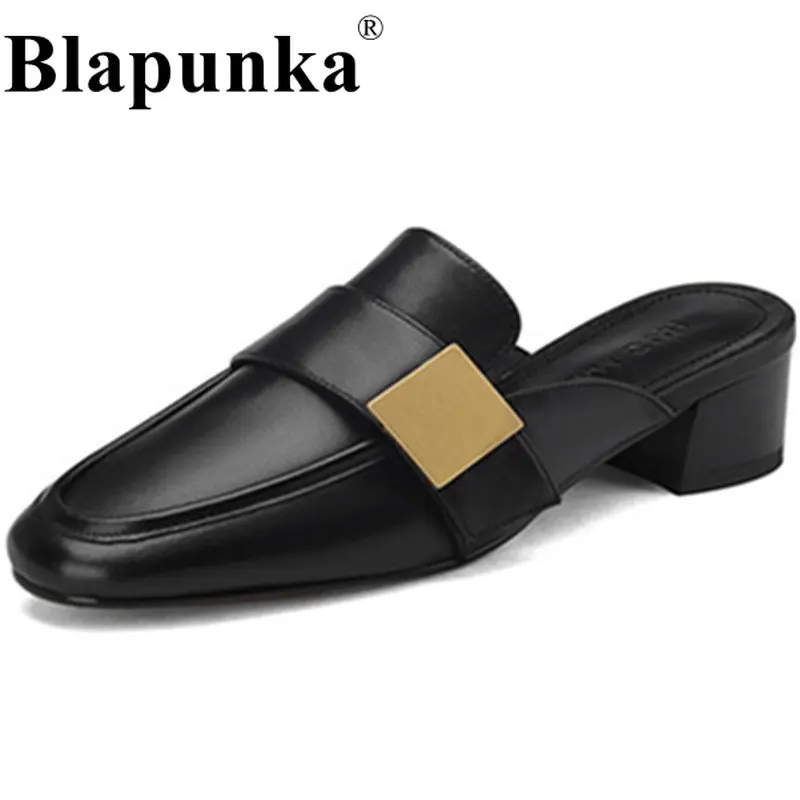 

Blapunka Size 33-42 Woman Genuine Leather Mules Slippers Gold Metal Deco Medium Block Heeled Slides Ladies Spring Summer Sandals