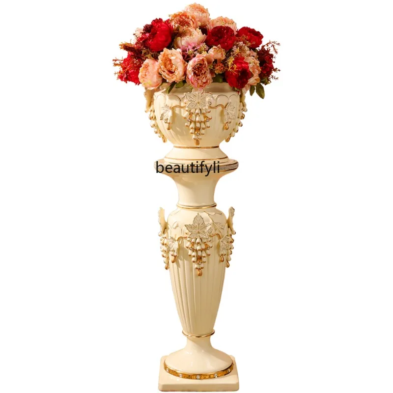 

zqEuropean-Style Roman Pillar Decoration Living Room Large Vase Ceramic Floor Stand Vase Flower Arrangement Decoration